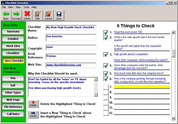 Adding a New Checklist Screen Shot